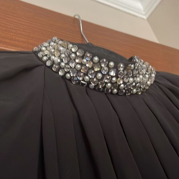 ASOS black chiffon dress with velvet waistband & diamond detail around neckline - Picture 2 of 9